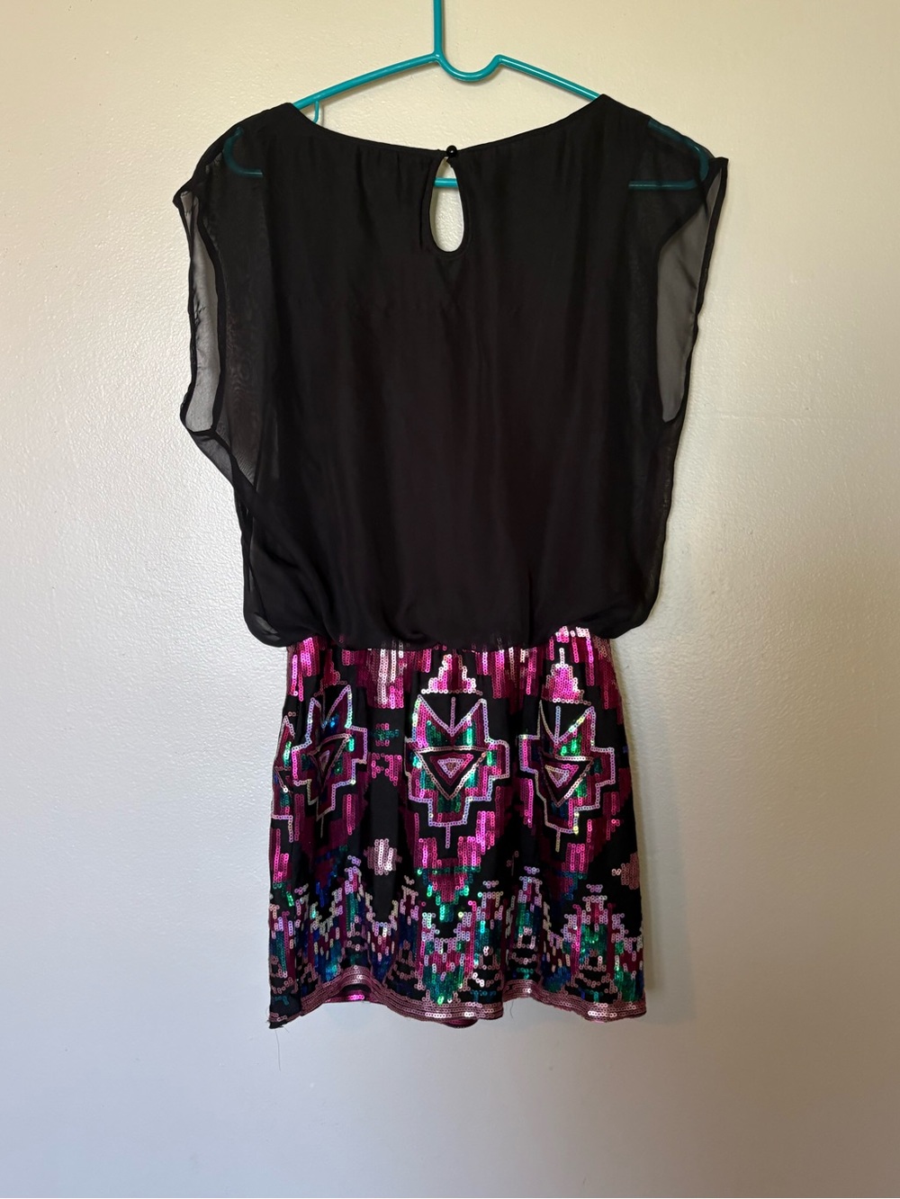 As U Wish Black Chiffon Top with Pink and Teal Sequin Aztec Mini Skirt - Picture 3 of 5